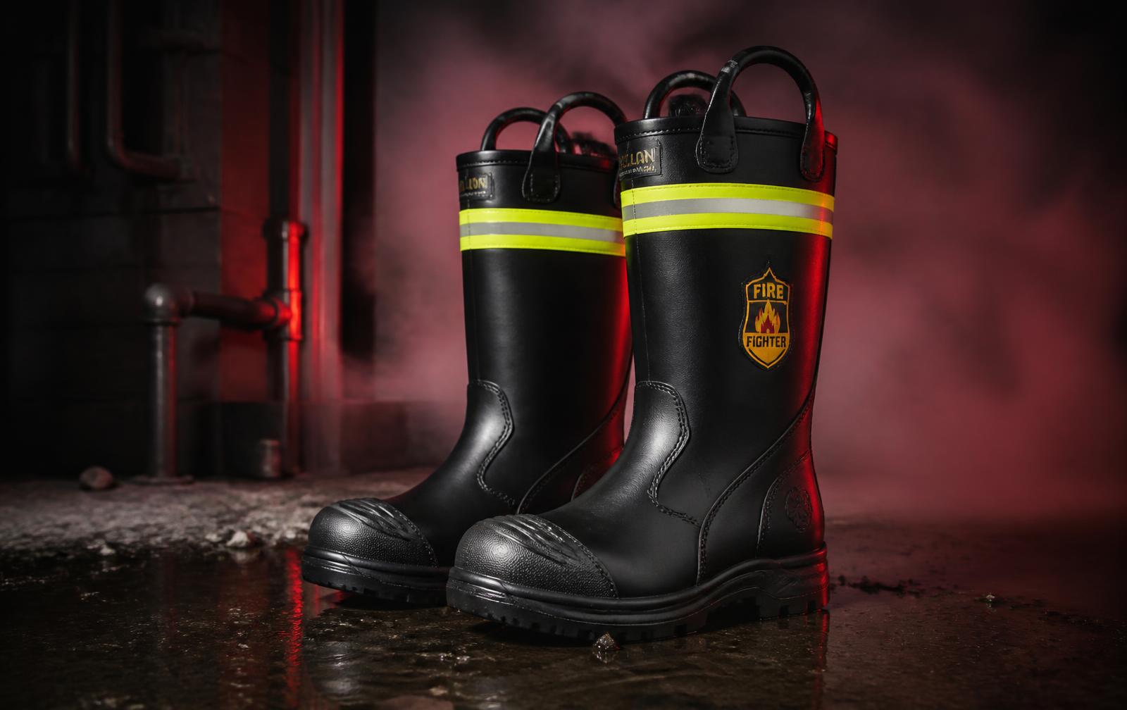 Sepatu pemadam kebakaran STARVVO berbahan karet hitam dengan pita reflektif di lokasi industri