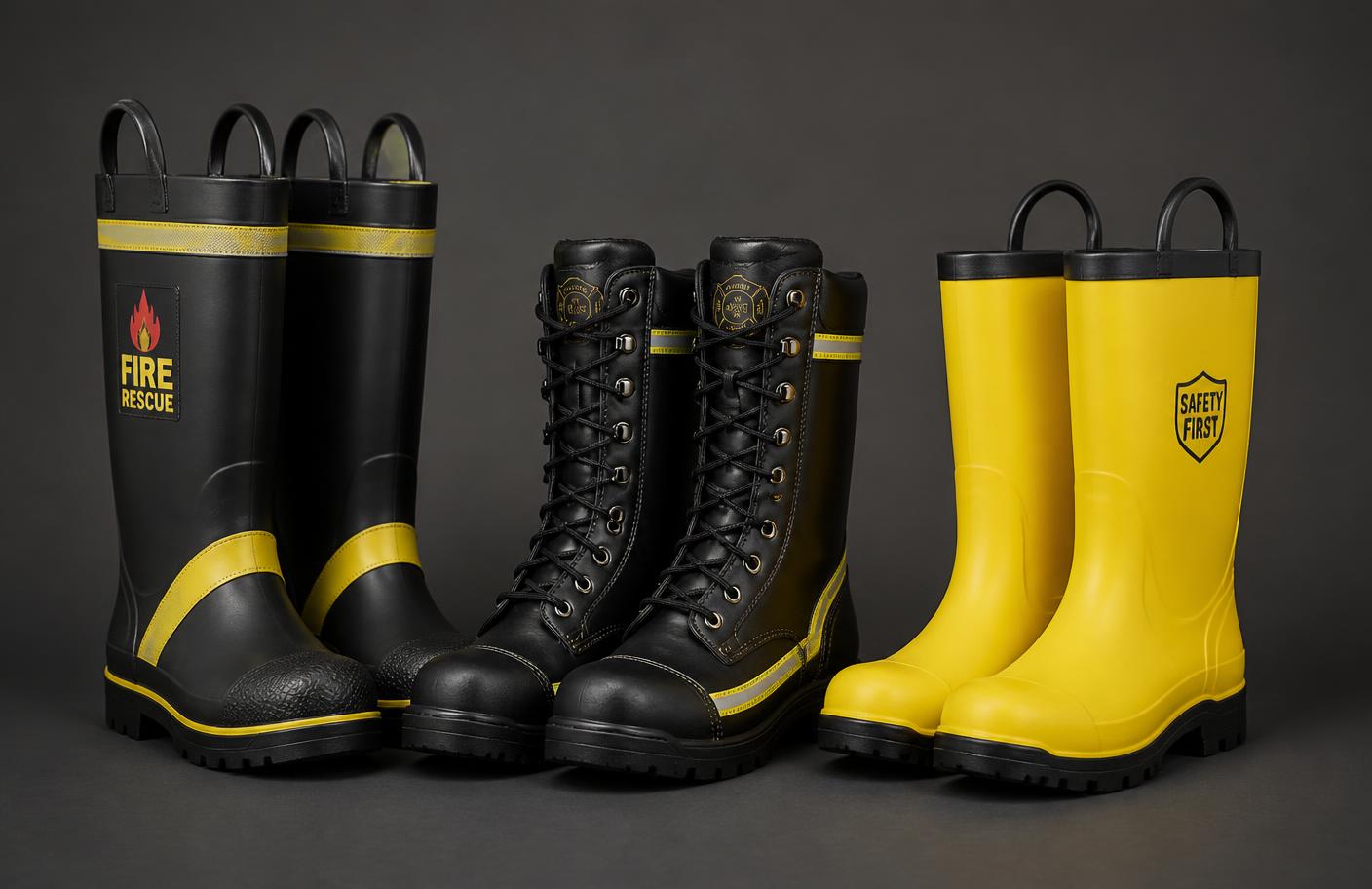 Tiga jenis sepatu pemadam kebakaran: boot karet hitam, boot kulit bertali, dan boot karet kuning