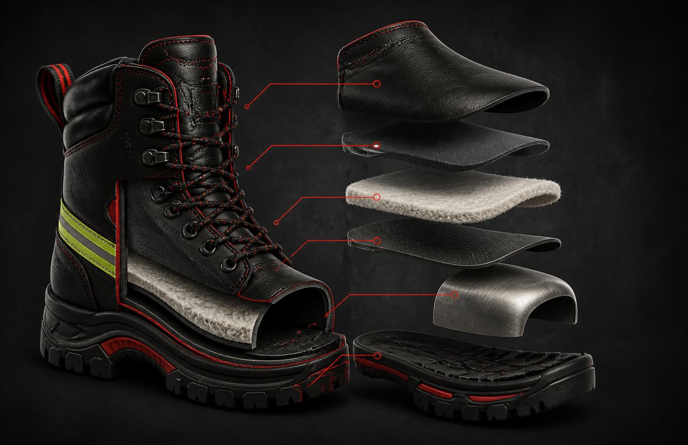 Diagram potongan sepatu pemadam kebakaran menampilkan lapisan kulit, membran, insulasi, pelat anti tusuk, steel toe cap, dan outsole